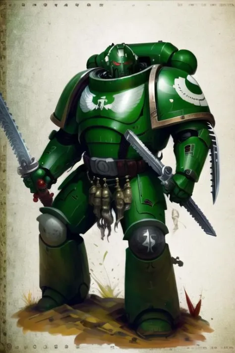 Primaris, green and white armor, helmet closeup, best quality, digital art, masterpiece, sci-fi, holding chainsword, <lora:Prima...