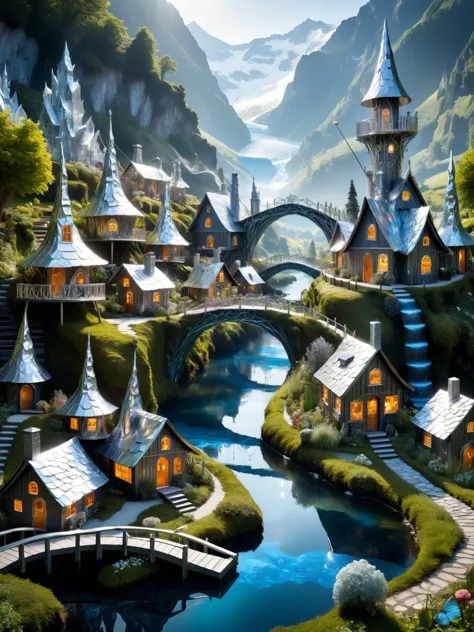 a picture taken from above of a fantasy village with a bridge