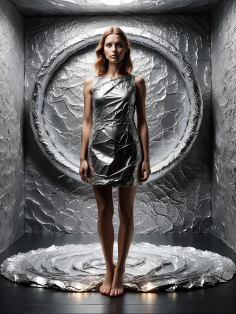 a woman wearing a dress made of ral-alufoil <lora:ral-alufoil-sdxl:1> ringlight, stone wallpaper, black background