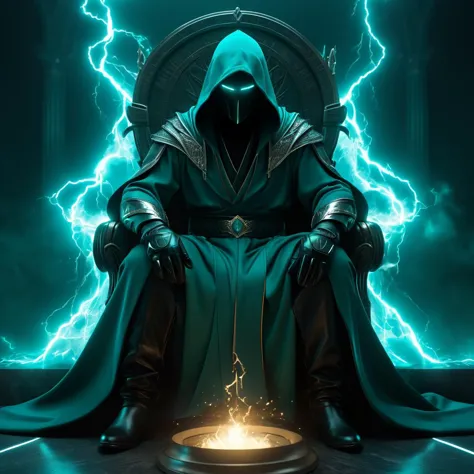 figure sitting on his throne,  flowing teal robes,  hooded,  glowing teal eyes,  no face,  black leather gloves,  teal plasma ba...