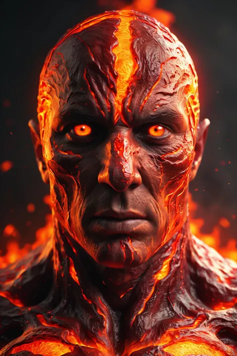 breathtaking award-winning magma man with molten skin and eyes, 8k, powerful, hyper realistic, hyper shaders, hyper detailed, hy...