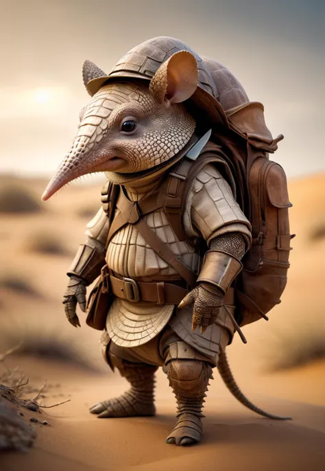 Adventurous cute funny armadillo,  donned a tiny explorerâs hat and carried a mini backpack,  walk in wild,  arid desert,  det...