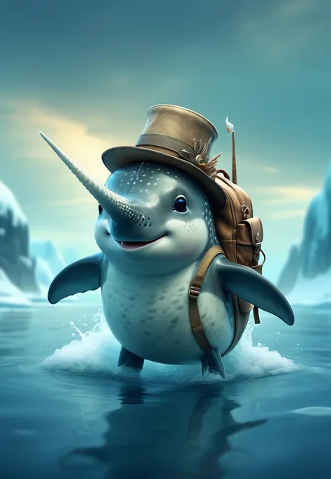Adventurous cute funny narwhal,  donned a tiny explorerâs hat and carried a mini backpack,  swim in wild icy ocean,  detailed ...