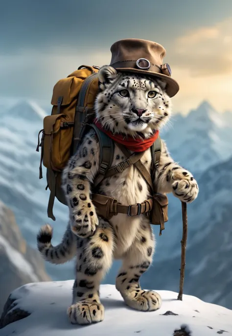 Adventurous cute funny snow leopard,  donned a tiny explorerâs hat and carried a mini backpack,  walk in wild snowy mountains,...
