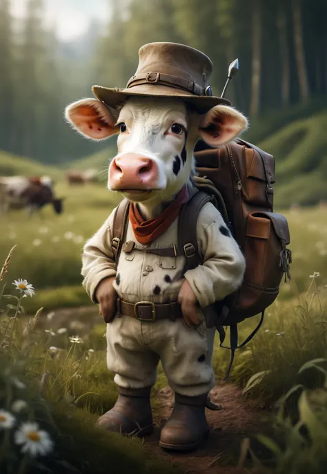 Adventurous cute funny cow,  donned a tiny explorerâs hat and carried a mini backpack,  graze in wild,  lush meadow,  detailed...