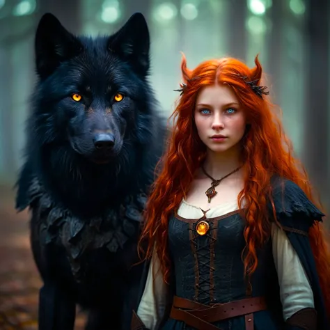 nightime , medieval, a  20 yo latvian witch and her black wolf guardian ,skin details, fiery copper textured hair, light Aureoli...