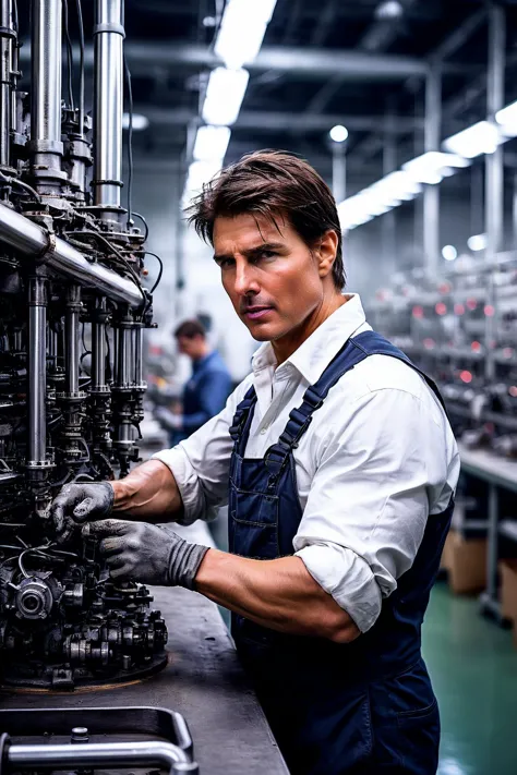 breathtaking award-winning, Tom cruise working at a factory, tired, sweaty