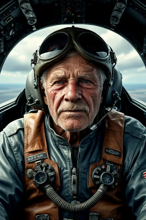 breathtaking award-winning, old man in cockpit of a fighter jet, photorealistic, cinimatic, high resolution, highly detailed