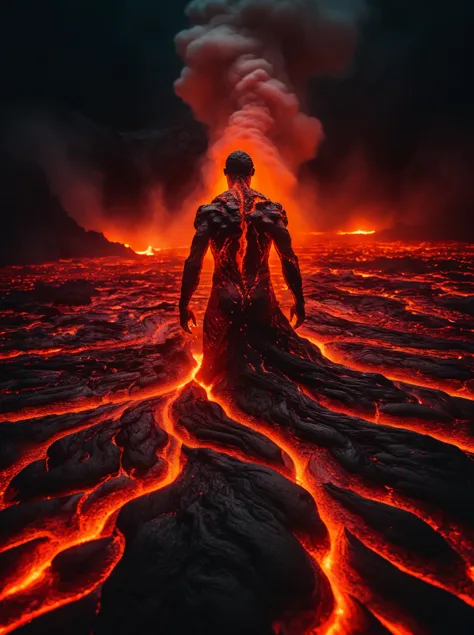 very dark cinematic photo, man made of glowing flowing lava in a lava world, coming up out of hot lava, sparkles, intricate