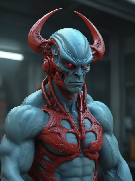 3D octane render of a solid thick super muscly male alien portrait,  translucent red helmet,  pale blue skin,  ultra realistic, ...