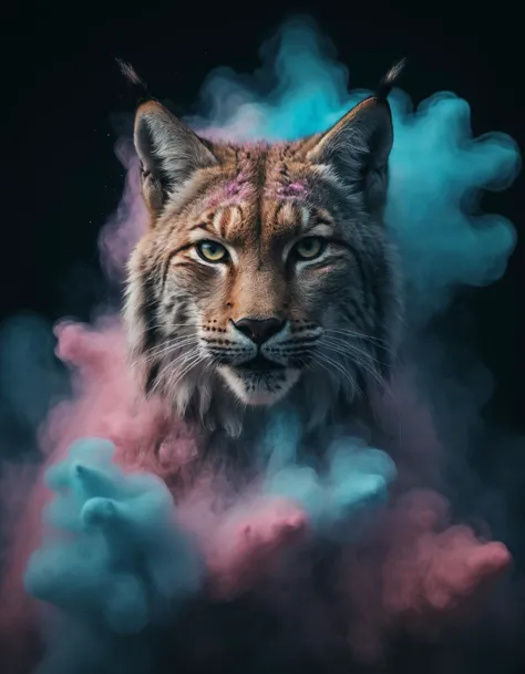 violent chalk explosion, holographic colorful floating in space, cinematic close-up portrait of a lynx (made out of chalk:1.3) d...