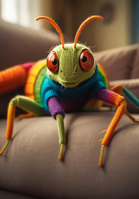 Mischievous cute caterpillar-spider-mantis hybrid knitting a  rainbow scarf on the couch   Old-fashioned living room, highly det...
