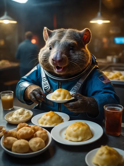 realistic lifelike photo style, alien space ranger wombat in intergalactical canteen is eating pierogi, happy screaming, cinemat...