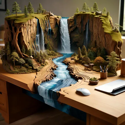 Photo of a desk carved deep with a complete landscape and a ravine and a mighty river flowing through it and a waterfall, all in...