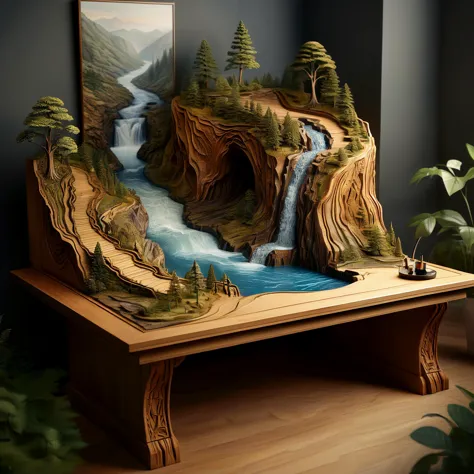Photo of a desk carved deep with a complete landscape and a ravine and a mighty river flowing through it, all in 3d.

highly det...