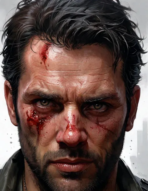 A close-up of Max Payne, his face bloodied, sweat-soaked, and eyes filled with determination. The light casts shadows on his rug...