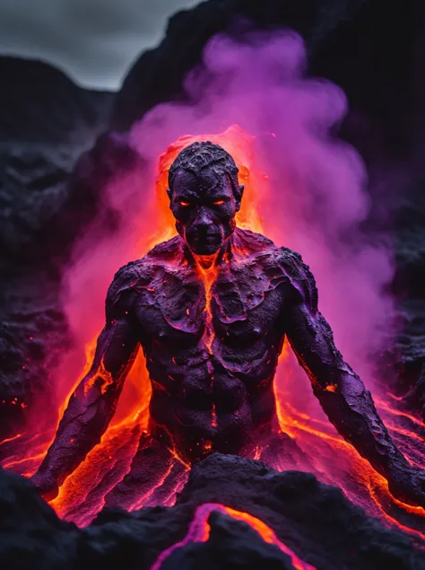 very dark cinematic extreme closeup photo of a man made of glowing flowing dark violet lava in a lava world, coming up out of ho...