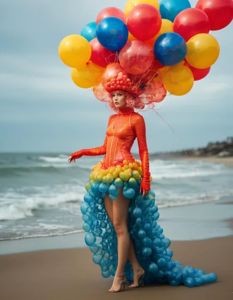 A whimsical photo of a daring model wearing an outrageous jellyfish-inspired outfit. The outfit, made of colorful bubble wrap an...