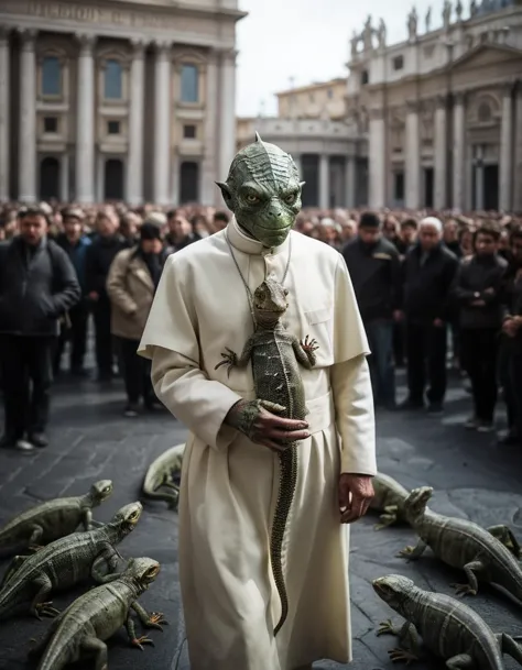 A dramatic cinematic scene reveals the shocking truth: [the Pope:lizard person:0.2]. a lizard-human hybrid, stands confidently i...