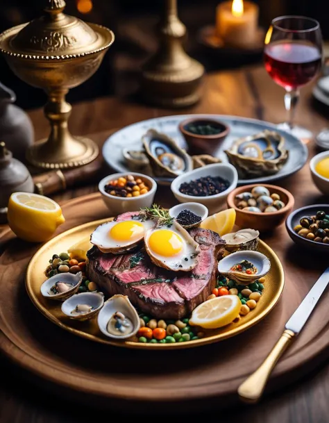 The most expensive dish: a grilled steak with lemon and egg, truffle, caviar, oysters, mixed legumes. Served on a golden decorat...