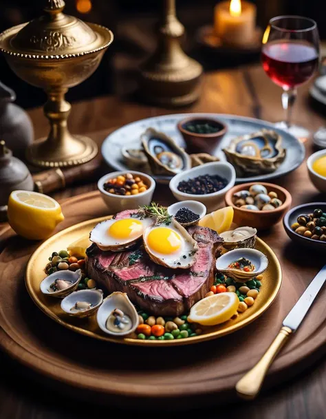 The most expensive dish: a grilled steak with lemon and egg, truffle, caviar, oysters, mixed legumes. Served on a golden decorated ardesia plate. Highly detailed. Steamy hot. Cozy and warm light. Wooden table background