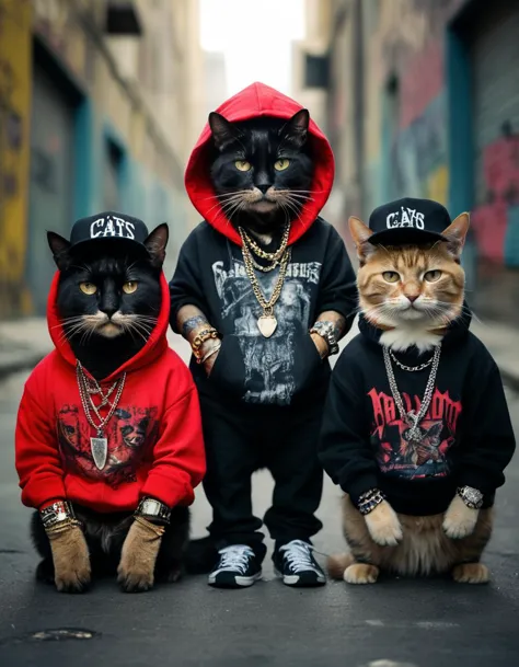 An amusing and creative photo of cats dressed up as gang members, adorned with a myriad of bling and chavs. The feline gangsters...