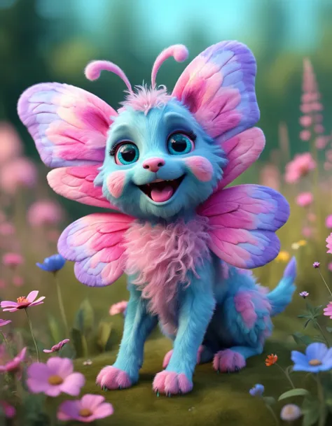 fantastical,  intricate,  vibrant 3D octane render of a playful and adorable creature with soft,  plushy fur in various shades o...