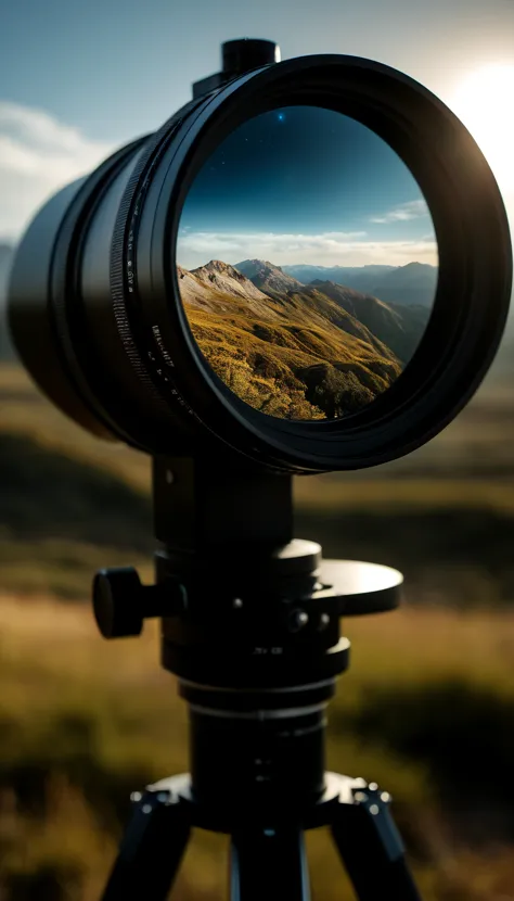 a close up of a camera on a tripod, new zealand landscape, photorealistic anamorphic lens, unsplash photo contest winner, inspir...
