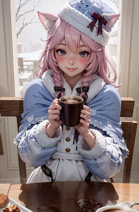 anime girl with pink hair holding a cup of coffee