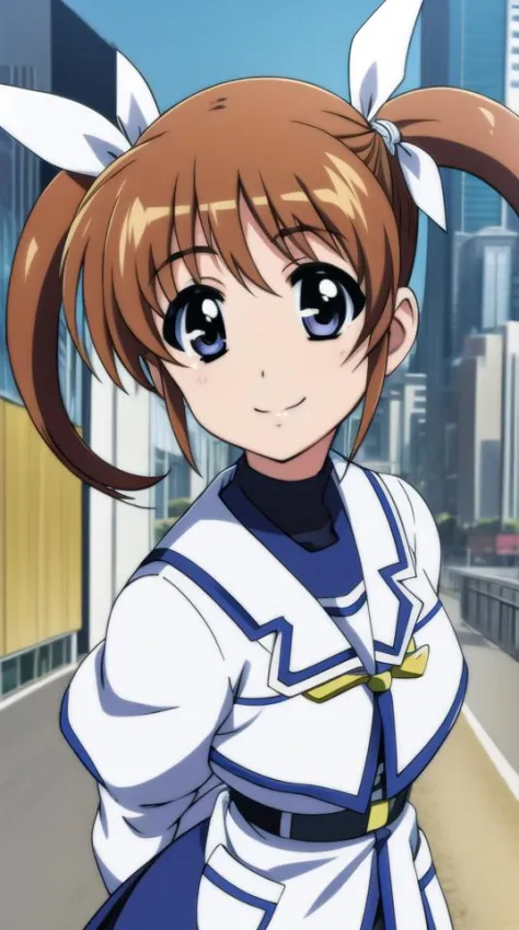 takamachi nanoha, 1girl, twintails, white ribbon, smile,
close-up, looking at viewer,
outdoors, cityscape,
<lora:nanoha-movie-2nd-takamachi-nanoha:0.8>
