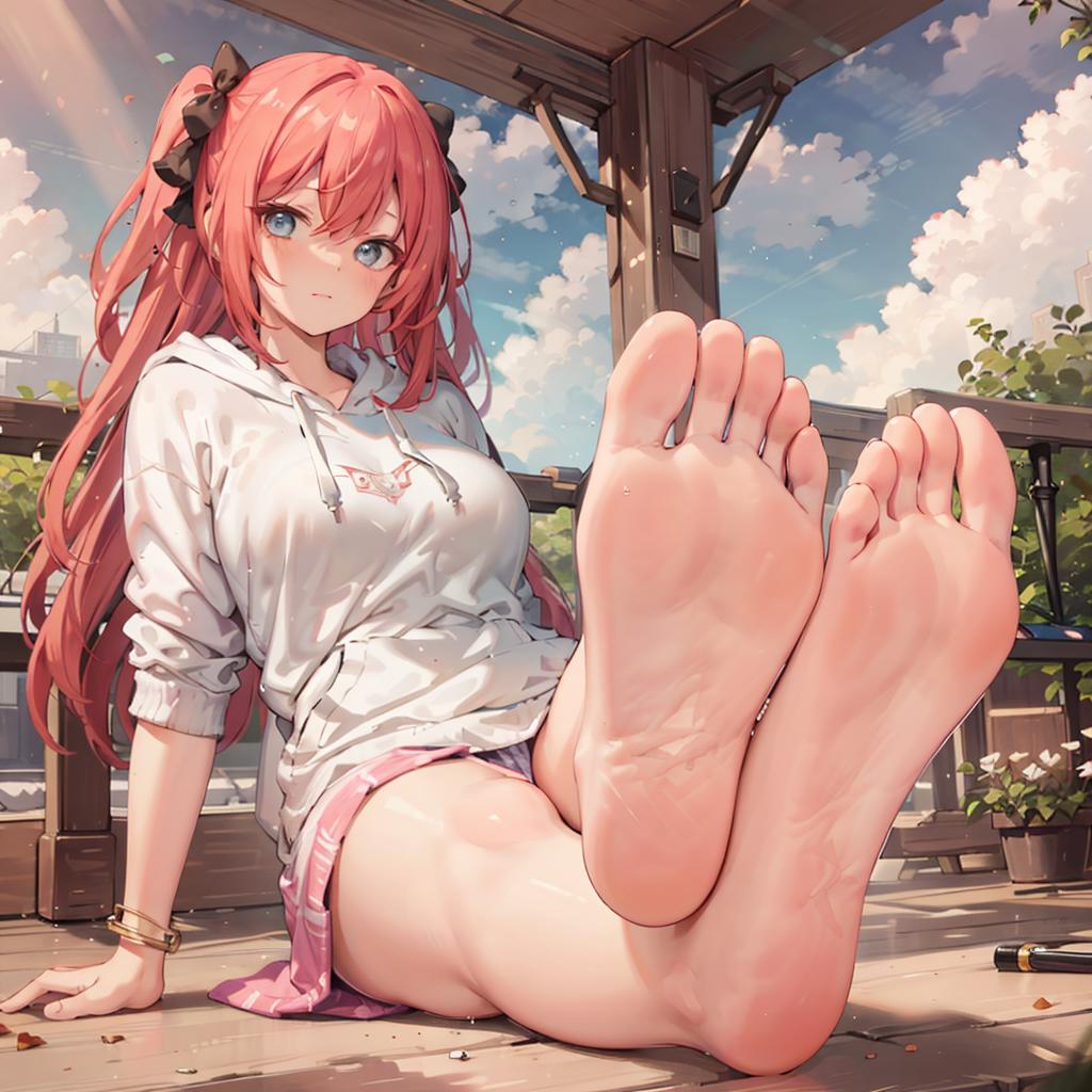 Anime girl with glasses sitting on a bed with her feet up - SeaArt AI