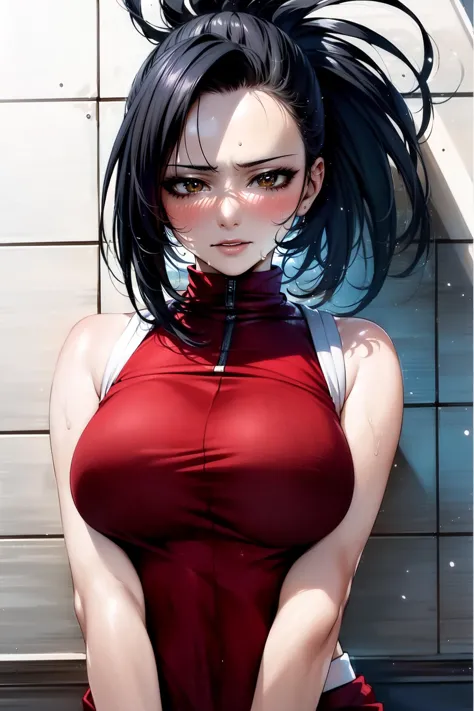 anime girl with black hair and red dress posing for a picture