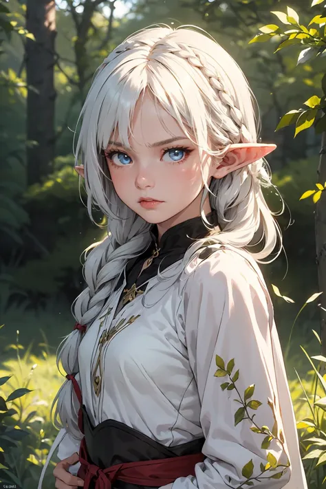 1girl, solo, looking at viewer, blue eyes, white hair, braid, two braid, forest, wood armor, jewelry, sparkle, nature, pointy ea...