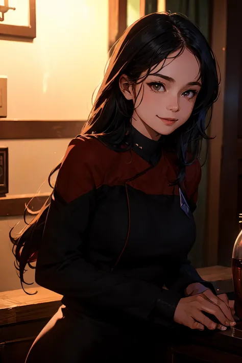 mature male, solo, long hair, breasts, smile, large breasts, black hair,wearing (pcdst uniform,black long sleeves,red shoulders:1.2), tavern, poor lighting, night, darkness, portrait, Middle Ages <lora:STPicardUniforms:0.8>