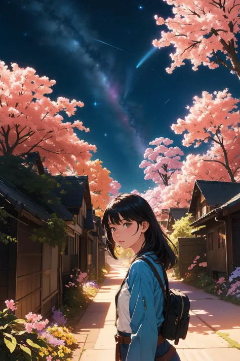 1人の女の子, ファンタジーエイリアンのコンセプトアート絵画 夜のジャングルの風景, 濃い黄色の春の花と背景にはオリオン座のベルト, 輝くバイオレットの根, 庭で作られた家の村, 桃色の空, 現実的, 詳細, セルシェード, 新海誠、グレッグ・ルトコウスキー、アルバート・ビアスタット、ジェームズ・ガーニーのスタイルで