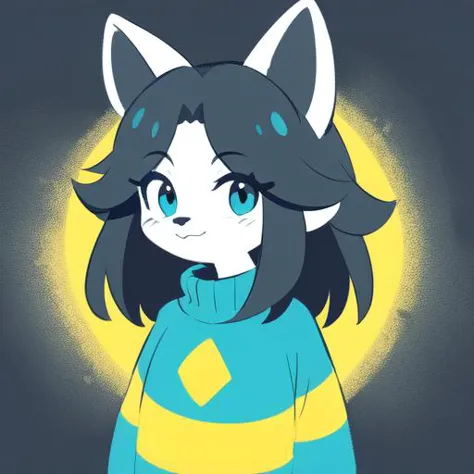 <hypernet:temmie:0.8> temmie, 1girl, furry, feral, four ears, blue and yellow striped sweater, goth