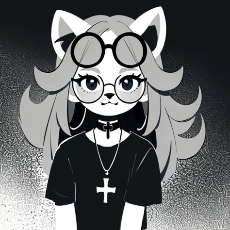 <hypernet:temmie:0.7> solo, temmie, 1girl, furry, ((four ears)), long gray hair, cat girl, hawaii shirt, goth, chains, spikes, r...