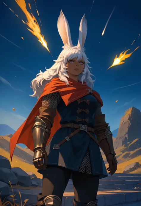 a woman in armor with a white hair and a red cape