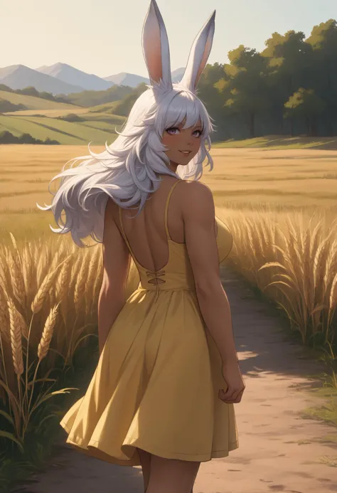 a woman in a yellow dress is walking through a field