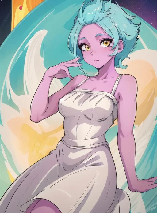 best quality, (masterpiece),(ultra-detailed), (high quality), (high resolution),  dlh, hebe, white dress, purple skin, yellow eyes, aqua hair, colored skin, short hair,
