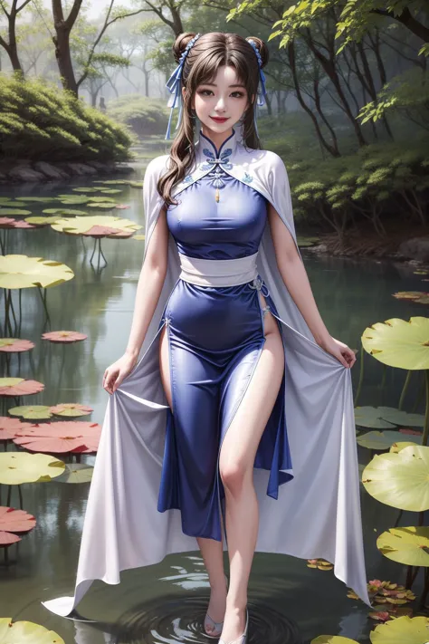 <lora:zhao-7:0.65>,zhao,1girl,long hair,dress,double bun,full body,blue dress,white cape,hair bun,traditional chinese clothes,<l...