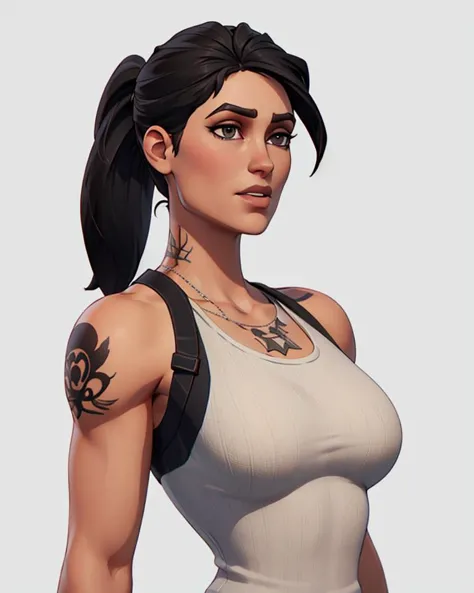 <lora:VRAMsRamirez:0.7> vramsramirez, 1girl, solo, long ponytail, black hair, white background, tank top, three quarter view, parted lips, arm tattoo