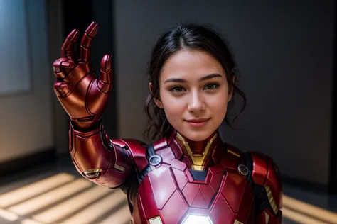 marvel movies,photo of a 18 year old girl,ironman,pov-high-5,happy,ray tracing,detail shadow,shot on fujifilm x-t4,85mm f1.2,sha...