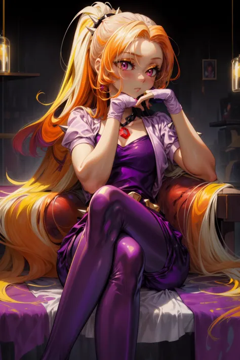 masterpiece,best quality,1girl,mlpdazzle,ponytail,multicolored hair,orange hair,blonde hair,long hair,purple eyes,dress,purple s...