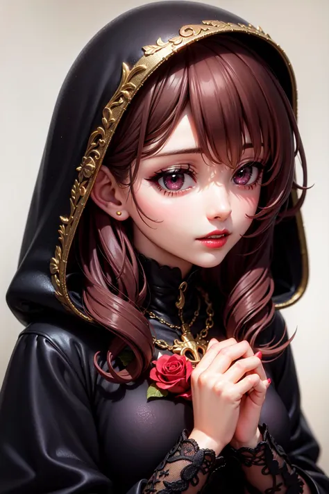 Close Up Portrait young gothic woman. velvet costume dress with hood. Loose wavy hair. Black beautiful necklace. Rose in hands. ...