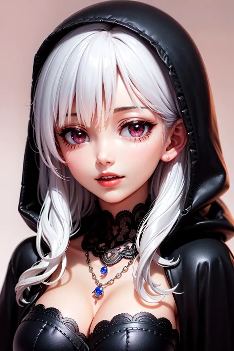 a woman with white hair and black clothes wearing a hoodie