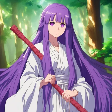 anime girl with purple hair holding a red stick in a forest