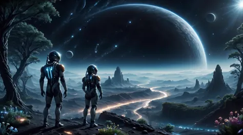 Alien-themed (((Ultra detailed, high-res, 8k, best quality))),Mankindâs first venture into the unknown cosmos. A dark alien planet at night,a single man in a spacesuit (with head lamps) standing on looking out at the wonder and mystery that lay ahead,((alien trees,landscape and Flora & Fauna)) all around,a sleek spacecraft in the background. A ringed planet looms over the horizon,extremely detailed starry skies,nebula,alien terrain,rivers,mountains,trees stretching as far as the eye can see,<lora:SyFyEye1_v2.0:0.4>,SyFyEye1,<lora:spacesuit3-000009:0.7>,spacesuit,<lora:Kai-ãSpaceshipããSpacestationã-é£è¹-ç©ºé´ç«:0.45>,spacestation,Symmetrical environment,<lora:add-detail-xl:1>,Details++,<lora:More_interesting_backgrounds:0.8>,IBG,<lora:spaceship:0.5>,spaceship,sleek design,landed,<lora:ais-blmn-sdxl:0.45>,ais-blmn,bio-luminecence flora,<lora:DarkLighting:0.8>,silhouette,spotlight,dark theme, . Extraterrestrial, cosmic, otherworldly, mysterious, sci-fi, highly detailed