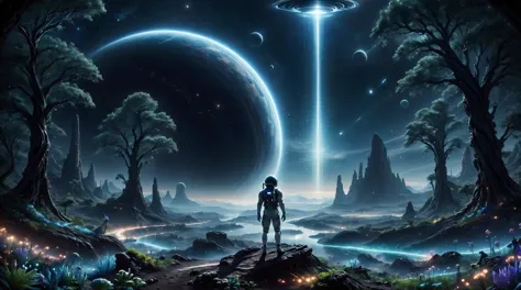 Alien-themed (((Ultra detailed, high-res, 8k, best quality))),Mankindâs first venture into the unknown cosmos. A dark alien planet at night,a single man in a spacesuit (with head lamps) standing on looking out at the wonder and mystery that lay ahead,((alien trees,landscape and Flora & Fauna)) all around,a sleek spacecraft in the background. A ringed planet looms over the horizon,extremely detailed starry skies,nebula,alien terrain,rivers,mountains,trees stretching as far as the eye can see,<lora:SyFyEye1_v2.0:0.4>,SyFyEye1,<lora:spacesuit3-000009:0.7>,spacesuit,<lora:Kai-ãSpaceshipããSpacestationã-é£è¹-ç©ºé´ç«:0.45>,spacestation,Symmetrical environment,<lora:add-detail-xl:1>,Details++,<lora:More_interesting_backgrounds:0.8>,IBG,<lora:spaceship:0.5>,spaceship,sleek design,landed,<lora:ais-blmn-sdxl:0.45>,ais-blmn,bio-luminecence flora,<lora:DarkLighting:0.8>,silhouette,spotlight,dark theme, . Extraterrestrial, cosmic, otherworldly, mysterious, sci-fi, highly detailed