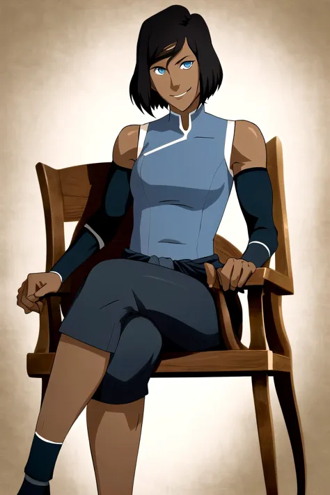 the legend of korra, masterpiece, best quality, solo, 1girl, tall and (muscular:1.1) korra, dark skin, dark-skinned female, smile, looking at viewer, sitting in a chair, short hair, sleeveless, bare shoulders, bare legs <lora:the_legend_of_korra_v2_offset:1> <lora:thelegendofkorra_korra:0.9>